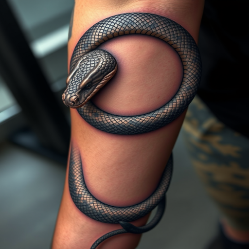 Hyperrealistic 3D snake tattoo coiling around the arm, with incredibly detailed scales and lifelike textures creating the illusion of a living creature on the skin