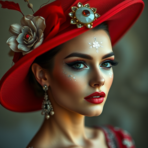 portrait of a woman in a red hat adorned with a gemstone and flowers, dramatic makeup with silver floral patterns on her face, wearing elegant earrings and lipstick, softly blurred background, shot with a Canon EOS R5, 85mm lens, aperture f/1.4, soft diffused lighting, 1/100s shutter speed