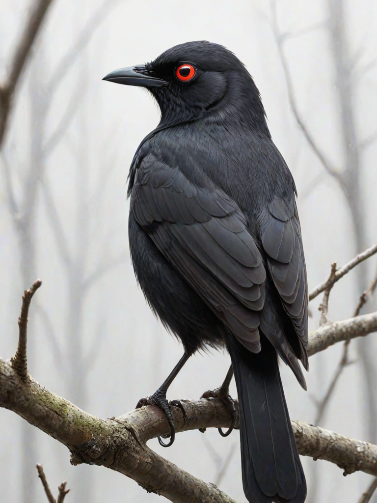 create a digital illustration of a black bird with red eyes perched on a slender branch, featuring a smooth and glossy appearance with a simple white background