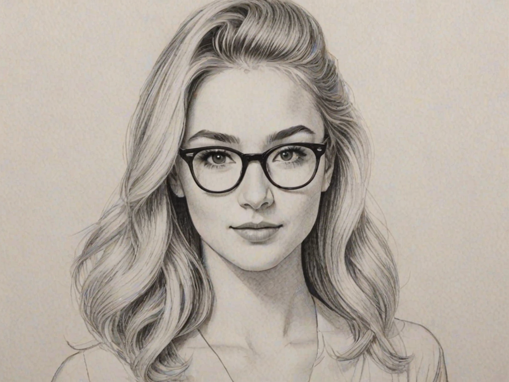 Alluring Chloe Lukasiak, pencil sketch, portrait of Delightful woman 1965s in glasses, hair style beatnik, outline, clear lines, fine lines, 8k