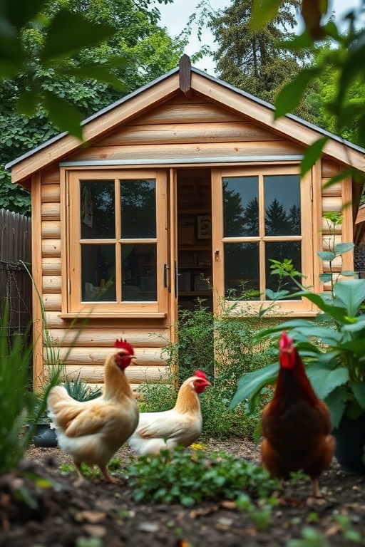 capture a detailed image of a garden shed with large windows, surrounded by greenery and a chicken nearby, taken with a DSLR camera, 24mm lens, f/5.6 aperture, ISO 200, natural lighting, wide-angle view, focus on the shed's texture and surrounding plants