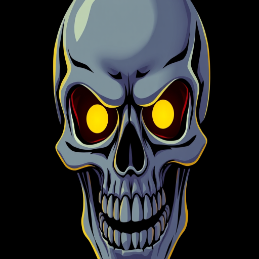 Create a highly detailed illustration of a cartoonish skull with glowing yellow eyes, focusing on bold colors and smooth lines, using a DSLR camera at f/2.8 aperture, 50mm lens for close-up view, soft focus style, capturing vibrant contrast and sharp details.