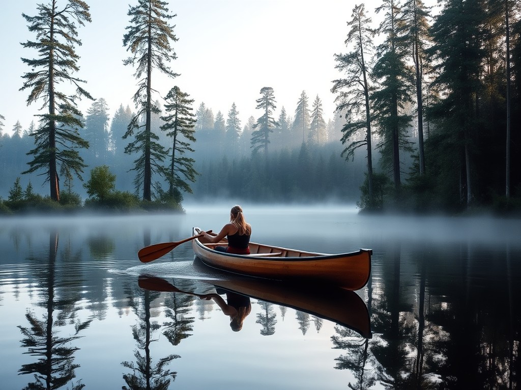 Serene lakeside retreat, with tall trees reflected in the still water, a woman sits in a wooden canoe, paddling slowly across the lake as the morning mist rises around her.
