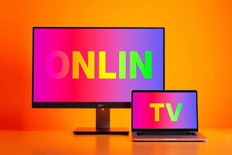 Generate an image of a large desktop monitor and a laptop, both displaying the words ONLINE and TV in vibrant rainbow colors, set against a warm orange background with radial gradient effects, using a high-resolution setting, aperture f/4, ISO 100, and a 50mm lens for sharpness and clarity.