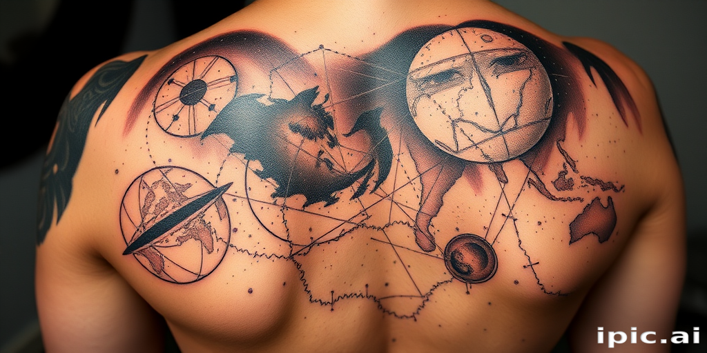 Intricate dotwork tattoo titled "Celestial Cartography" depicting a detailed star map of the night sky, with constellations connected by fine lines and celestial bodies rendered in meticulous stippling, incorporating subtle gradients to suggest depth and cosmic vastness, perfect for a full back piece