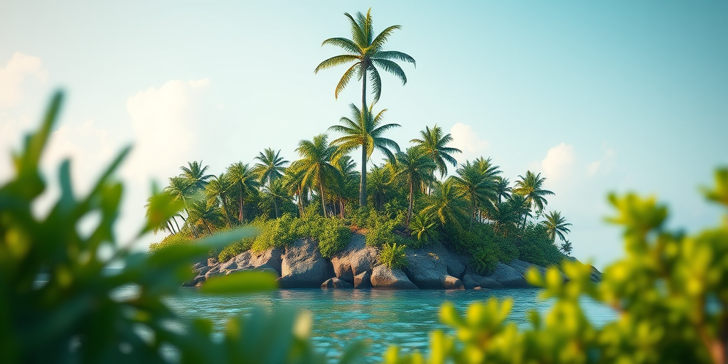 Generate a high-resolution 3D render of a tropical island with a tall palm tree surrounded by lush green vegetation, using a Canon EOS R5, 50mm lens, f/1.8, ISO 100, in natural daylight with a shallow depth of field to emphasize the foreground details.