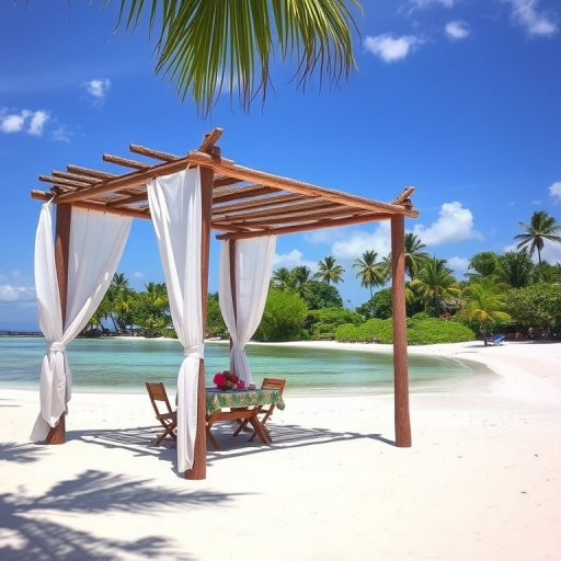 Create a picturesque tropical beach scene featuring a serene, white sandy shore. In the foreground, there's a rustic wooden canopy with white drapes gently flowing in the breeze. Underneath the canopy, a table is set with tropical decor, evoking a sense of relaxation and leisure. The beach extends into a calm, shallow water area with reflections of the sky and surroundings. Palm trees and lush greenery line the edge of the beach, providing a natural, tropical backdrop. The sky is clear with a few scattered clouds, and the overall atmosphere is tranquil and inviting, perfect for a peaceful retreat.