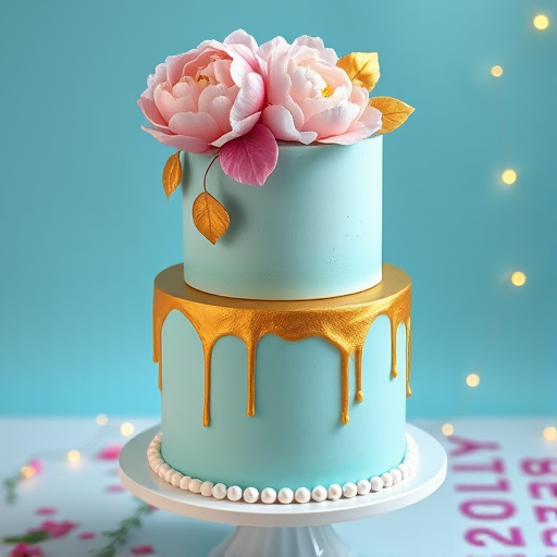 A two-tiered birthday cake with smooth pastel blue buttercream frosting. The top is adorned with gold leaf accents and a large, edible flower arrangement in pink and white peonies. The bottom tier has a gold drip effect, and around the base of the cake are small, dainty pearls. The cake is placed on a white porcelain cake stand, surrounded by confetti and soft string lights for a festive vibe.