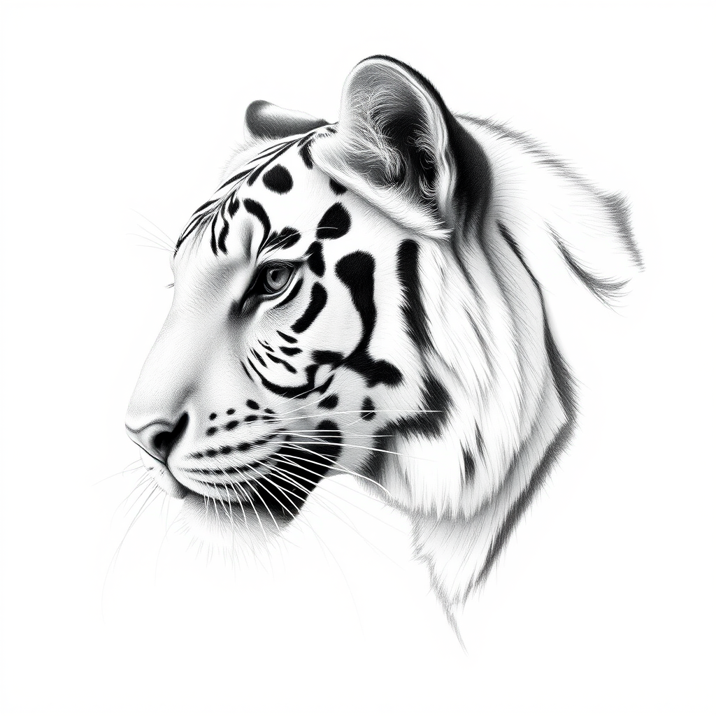 Create a highly detailed black and white pencil sketch of a white tiger's head, using a 50mm lens, f/2.8 aperture, ISO 200, capturing a side profile view with soft lighting to enhance texture and depth, simulating an art piece.