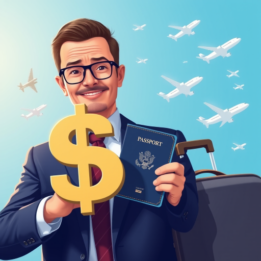 Create an illustration of a businessman holding a dollar sign in front of a passport and a suitcase, with airplanes flying around in a bright blue background, using a Canon EOS R5, 35mm lens, f/8 aperture, ISO 100, high dynamic range for enhanced detail and clarity.
