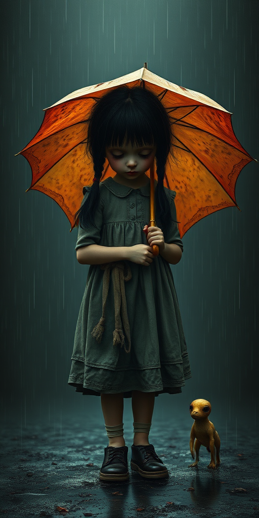 An eerie, weird little girl with dark hair in thin pigtails, wearing a smock dress, standing in the rain, holding a dirty orange umbrella, a small, odd creature beside her. In a surreal style inspired by Nicoletta Ceccoli and Brian Froud. Dark fantasy themes