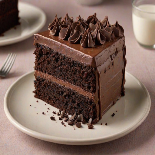 Create an image of a slice of layered chocolate cake with visible chocolate frosting on top and delicate chocolate decorations. The cake should showcase alternating layers of light and dark chocolate, emphasizing its rich texture and flavor. The background should be a simple, neutral color to highlight the cake.