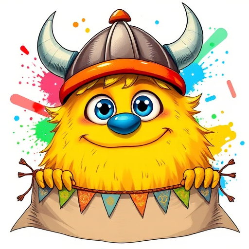 Create a vibrant illustration of a cartoon monster with a yellow fluffy body and big blue eyes wearing a Viking helmet, incorporating colorful splash elements and a blank rustic banner with festive bunting, captured in high resolution with a Canon EOS R5, 50mm lens, f/2.8 aperture, and natural lighting to enhance colors and details.