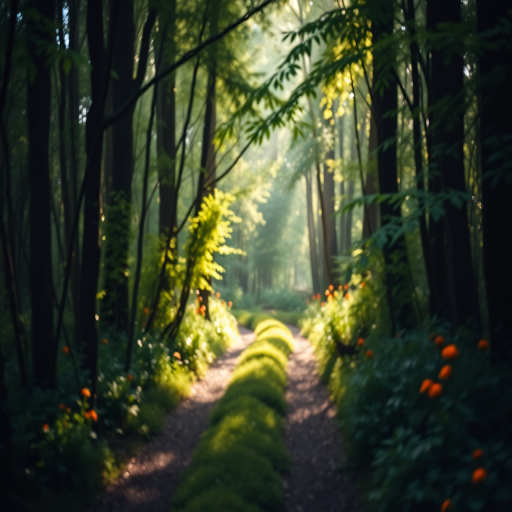 Create a high-resolution image of a mystical forest pathway with soft sunlight filtering through the trees, captured with a Canon EOS R5, 50mm f/1.2 lens, aperture set at f/2.8, ISO 200, and a gentle bokeh effect to emphasize the lush greenery and vibrant wildflowers.