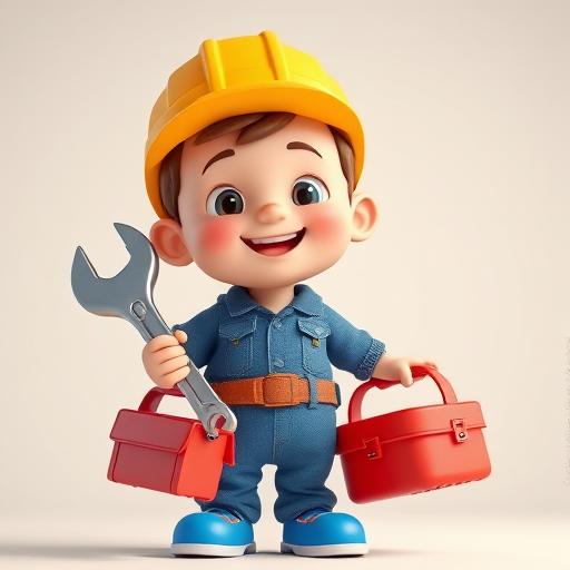 Create a high-resolution 3D render of a cheerful cartoon boy holding a wrench and a toolbox, with bright colors and clear details, using a Canon EOS R5, 50mm f/1.8 lens, natural lighting, and low-angle shot to enhance perspective.