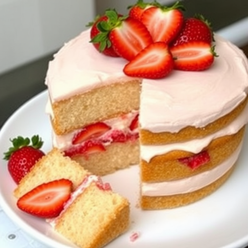 A delicious layered cake with strawberry filling and frosting topped with fresh strawberry slices on a white plate, showing a slice cut out revealing the soft, fluffy interior.