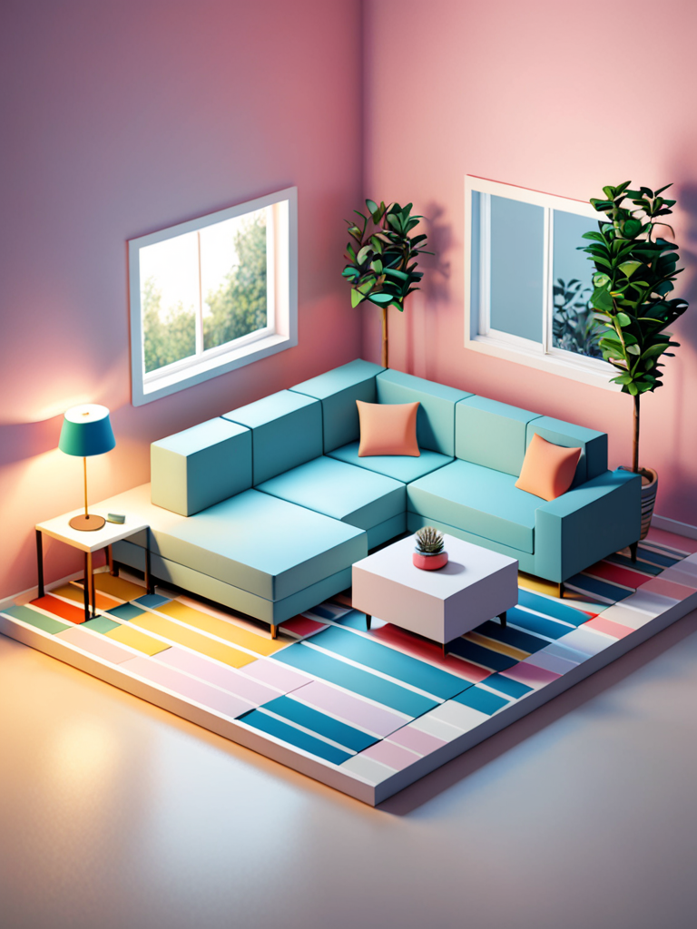 cube cutout of an isometric living room, 3d art, pastel colors, soft ...
