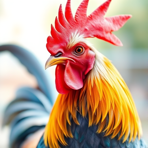 create a vibrant watercolor painting of a rooster with a detailed feather texture and colorful plumage, soft focus, aperture f/2.8, shutter speed 1/125s, ISO 100, shot from a slightly low angle using a DSLR camera for enhanced image quality