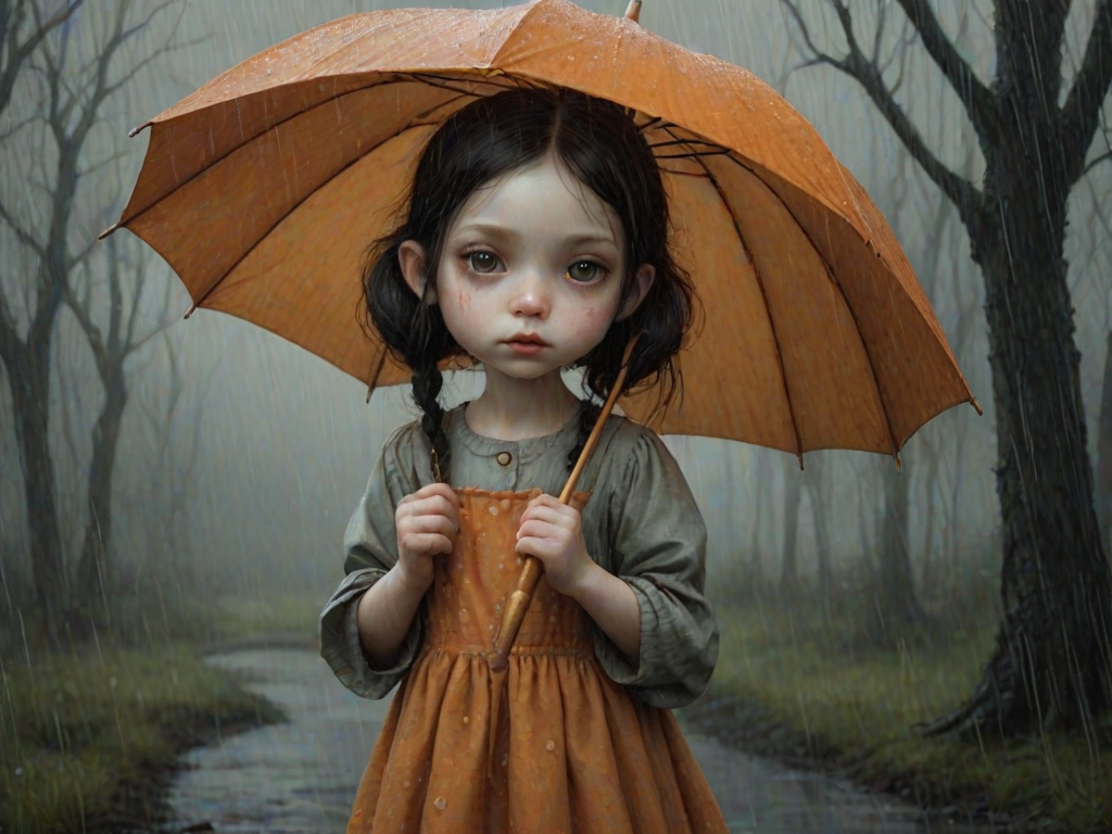 An eerie, weird little girl with dark hair in thin pigtails, wearing a smock dress, standing in the rain, holding a dirty orange umbrella, a small, odd creature beside her. In a surreal style inspired by Nicoletta Ceccoli and Brian Froud. Dark fantasy themes