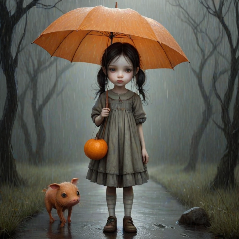 An eerie, weird little girl with dark hair in thin pigtails, wearing a smock dress, standing in the rain, holding a dirty orange umbrella, a small, odd creature beside her. In a surreal style inspired by Nicoletta Ceccoli and Brian Froud. Dark fantasy themes