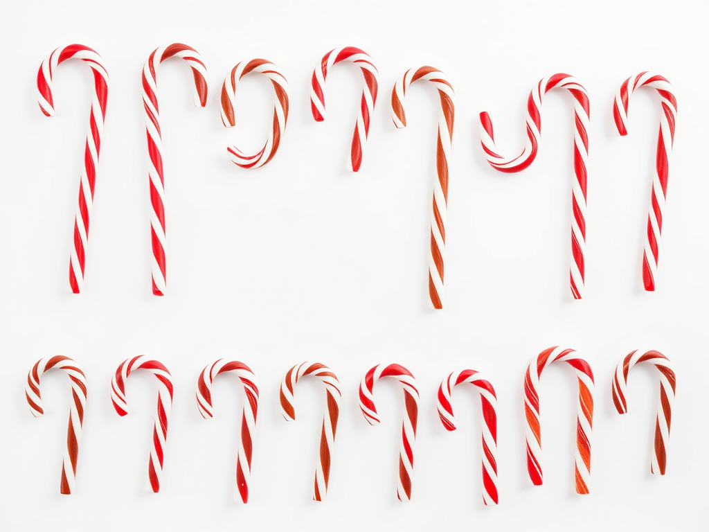 Create an image of varying candy canes in red and white stripes and brown and white stripes arranged in a grid pattern on a white background, using a Canon EOS R5 camera, aperture f/8, ISO 100, 50mm lens, with a soft focus effect for enhanced quality.