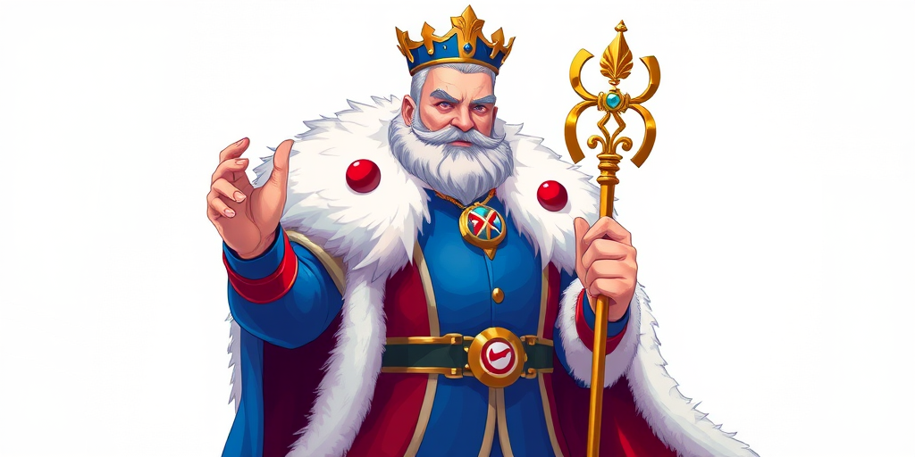 Create a vibrant illustration of a regal figure resembling a king, adorned in a blue and white fur coat with red accents, holding a scepter, standing confidently, high-resolution, shot with a DSLR at f/2.8, 50mm lens, natural light, flat angle view, vibrant colors and sharp details.