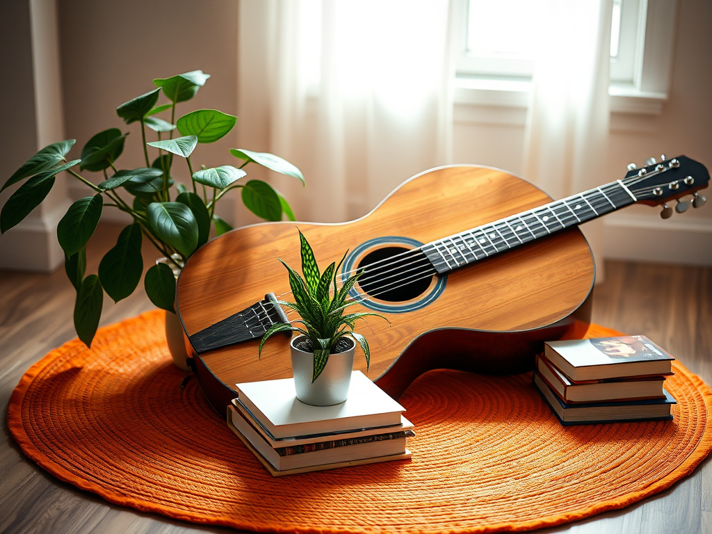 a still life scene featuring a wooden guitar next to a potted plant and stacked books on an orange circular rug, soft natural lighting, shallow depth of field, shot with a DSLR camera at f/2.8, ISO 100, 50mm lens, focus on the guitar and plant