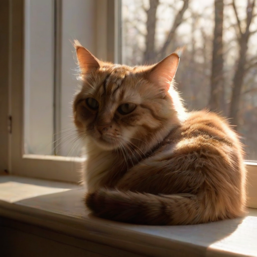 Warm, softly lit photo of a cat curled up on a windowsill, soft glow from the morning sun illuminating its fur, distant tree branches visible through the window, the sound of soft purring filling the room.