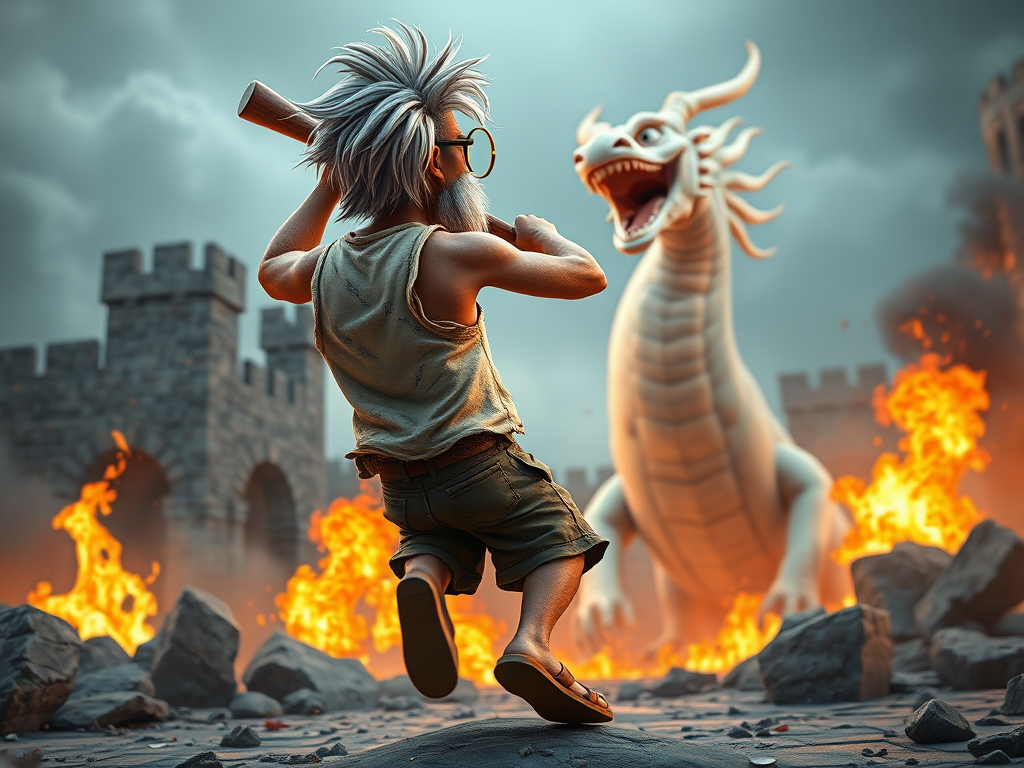 Cartoon 3D High-Resolution,dynamic battle scene using Unreal Engine 5 and Octane Render. The scene features back of an elderly, thai man with a beard,messy hair and round golden-rimmed glasses. He is wearing a tattered tank top with soot marks, shorts, and sandals. sweating. he wields a baseball bat. He jump to fight with a white fire-breathing Europe dragon amidst a partially destroyed stone castle. Include intense flames, smoke, and debris to enhance the dramatic effect.