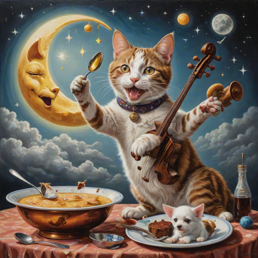 A whimsical hyper vibrant, hyper realistic and hyper detailed image of a cat and a fiddle, a cow jumping over a moon , a laughing dog, and a dish running away with a spoon, oil painting and airbrush