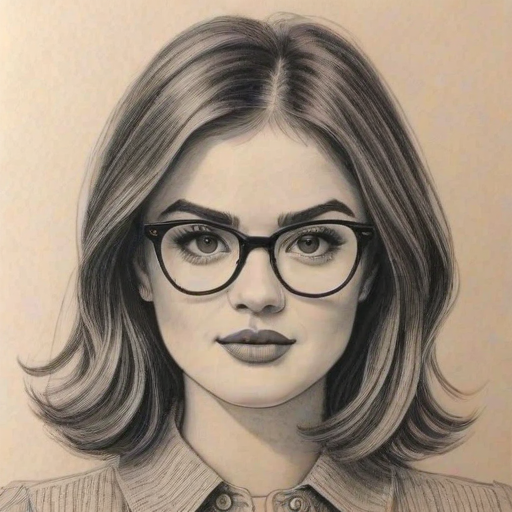 Delightful Lucy Hale, pencil sketch, portrait of Charming woman 1946s in glasses, hair style beatnik, outline, clear lines, fine lines, 8k