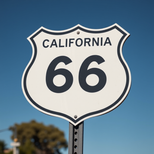 Create a high-resolution image of a California US 66 road sign, using a Canon EOS 5D Mark IV camera, aperture f/8, shutter speed 1/125s, ISO 100, captured from a slight angle to emphasize the sign's shape and details.