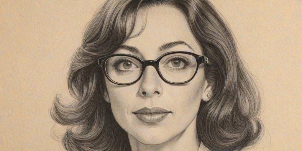 Pleasing Illeana Douglas, pencil sketch, portrait of Alluring woman 1939s in glasses, hair style beatnik, outline, clear lines, fine lines, 8k