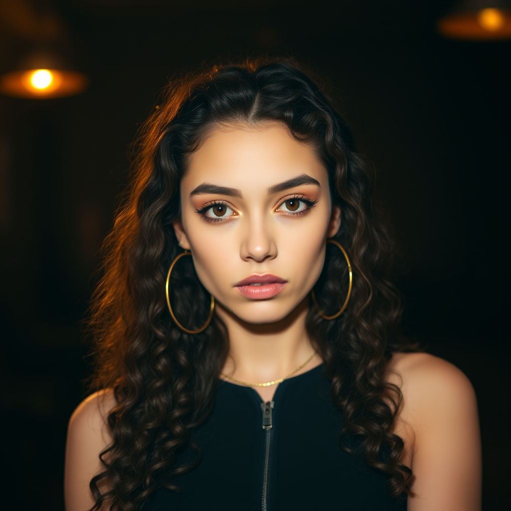A young woman with long, curly brown hair is looking directly at the viewer. She is wearing a black top with a zipper down the front. The setting is a dimly lit interior space, with a warm, golden light emanating from the background. Her expression is neutral, with a hint of seriousness. The image is a close-up portrait with a shallow depth of field, focusing on the woman's face and torso. The background is blurred, creating a soft and intimate atmosphere.  She is wearing large gold hoop earrings, and a small gold chain is visible around her neck.  Her makeup is natural and simple, highlighting her brown eyes. The lighting creates subtle shadows that accentuate her features.  Her skin is smooth and glows in the soft light. The composition is balanced, with the woman's face positioned in the center of the frame.  The image is focused on capturing her beauty and confidence.
