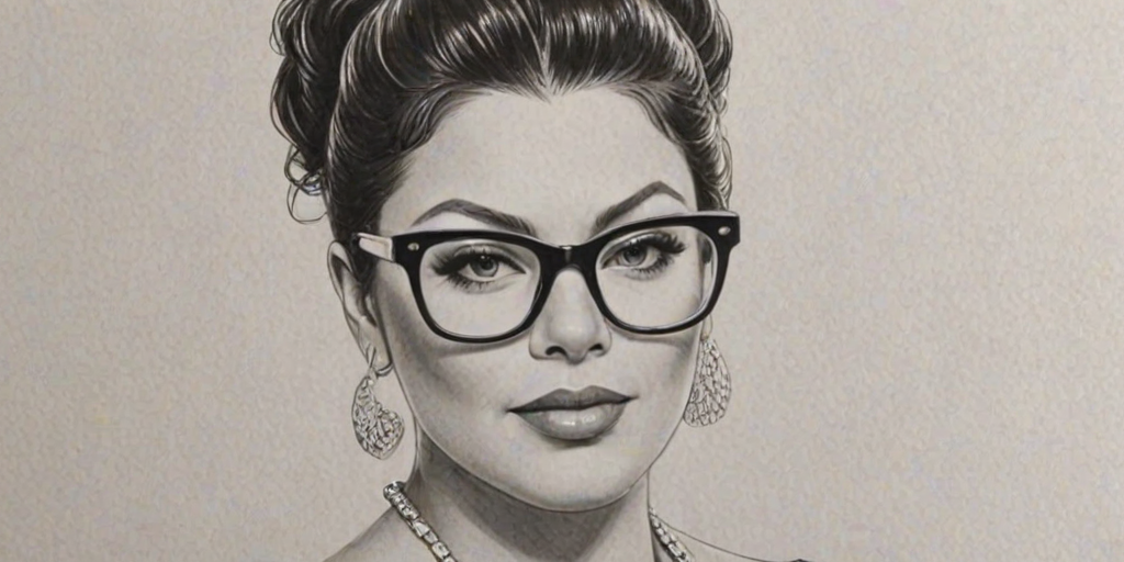 Elegant Sara Ramirez, pencil sketch, portrait of Ravishing woman 1956s in glasses, hair style beatnik, outline, clear lines, fine lines, 8k
