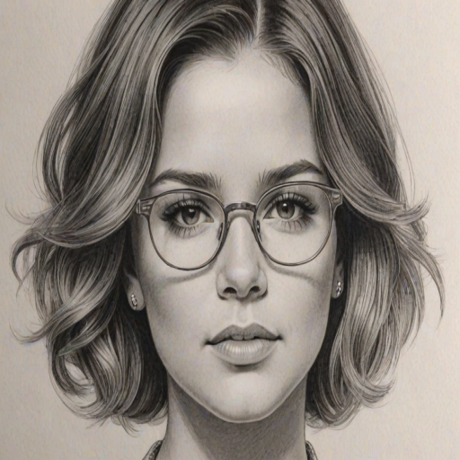 Wonderful Maren Morris, pencil sketch, portrait of Dazzling woman 1939s in glasses, hair style beatnik, outline, clear lines, fine lines, 8k