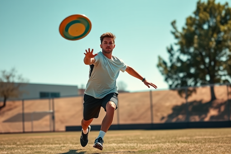 Create a high-resolution image of a dynamic athlete in action throwing a frisbee, using a DSLR camera with a 50mm lens, f/1.8 aperture, ISO 200, shot from a low angle to emphasize movement, in bright outdoor lighting.