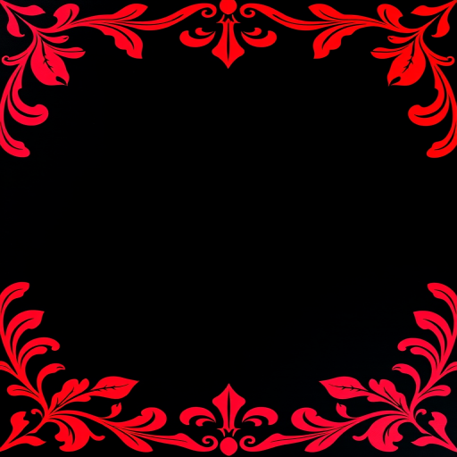 Create a vibrant image of an intricate red decorative border with flowing leaf patterns on a black background, captured with a DSLR camera, using a 50mm lens, f/2.8 aperture, ISO 100, and soft lighting for enhanced detail and contrast.