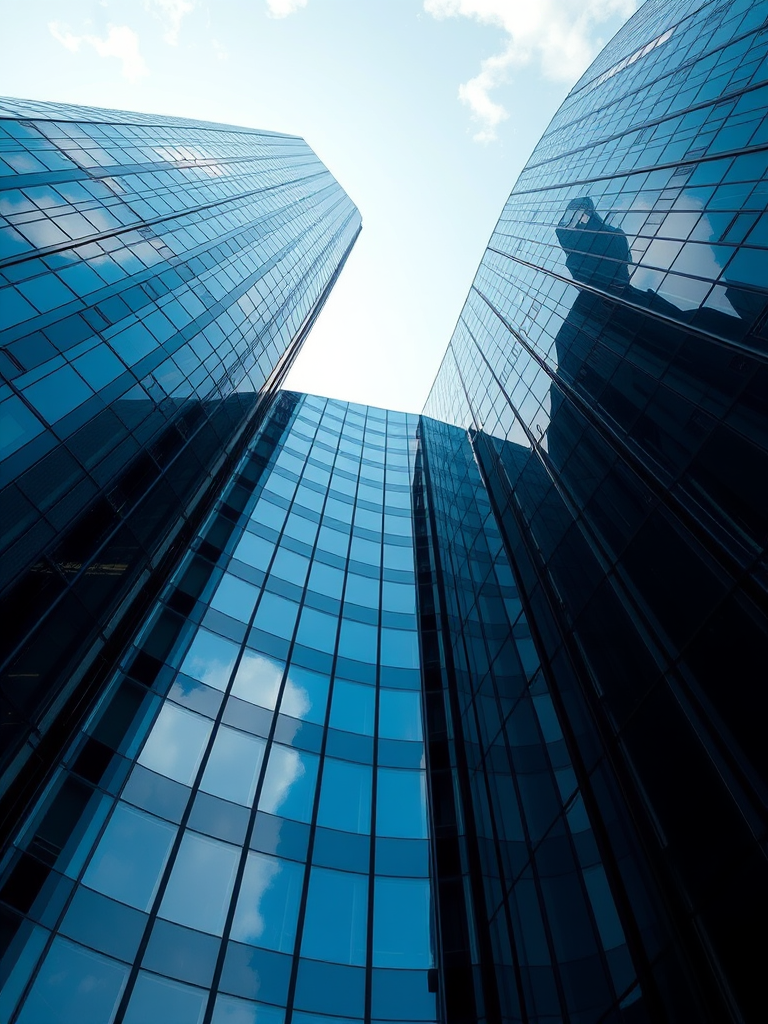 high-resolution image of a modern skyscraper with a glass facade, shot from a low angle to capture the height, using a DSLR camera with a 50mm lens, aperture f/8, shutter speed 1/250s, ISO 100, bright daylight, emphasizing reflections and the sky in the background