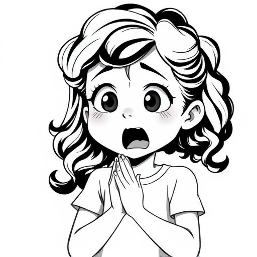 The image is a black and white illustration of a young girl with curly hair. She has a surprised expression on her face with her mouth open and her hands clasped together in front of her chest. Her eyes are wide and her eyebrows are furrowed. Her hair is styled in loose curls that are cascading down her back. The overall mood of the image is one of shock or surprise.