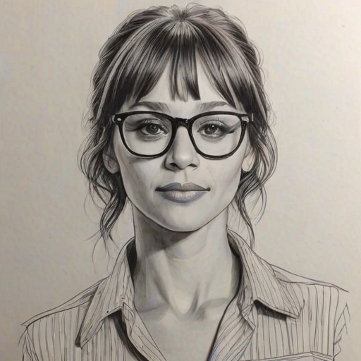 Gorgeous Rashida Jones, pencil sketch, portrait of Splendid woman 1974s in glasses, hair style beatnik, outline, clear lines, fine lines, 8k