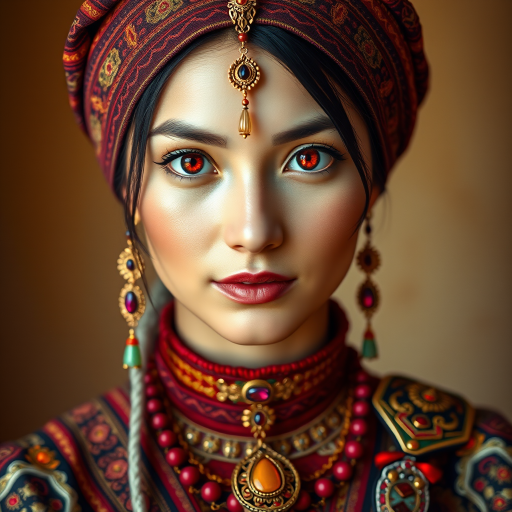 Create a portrait of a beautiful Kyrgyz woman with striking red eyes and a gentle expression. She is adorned in traditional attire with intricate patterns, including a richly embroidered headscarf and matching garments. Her jewelry includes a delicate headpiece, dangling earrings, and ornate bracelets, all featuring vibrant gemstones and detailed metalwork. The background is soft and warm, enhancing the rich colors of her outfit and jewelry.