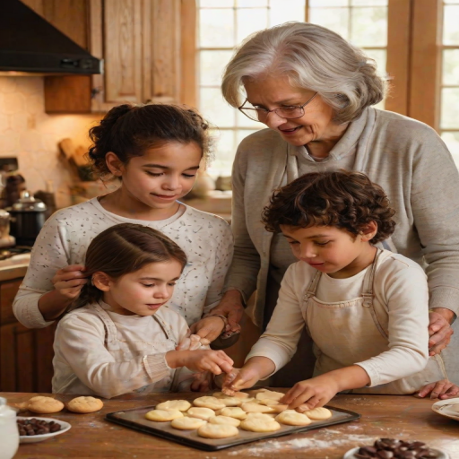 Warm, softly lit image of a grandmother teaching her grandchildren to bake cookies in a cozy kitchen, soft glow from the oven casting warm shadows, with the smell of chocolate and vanilla filling the air.