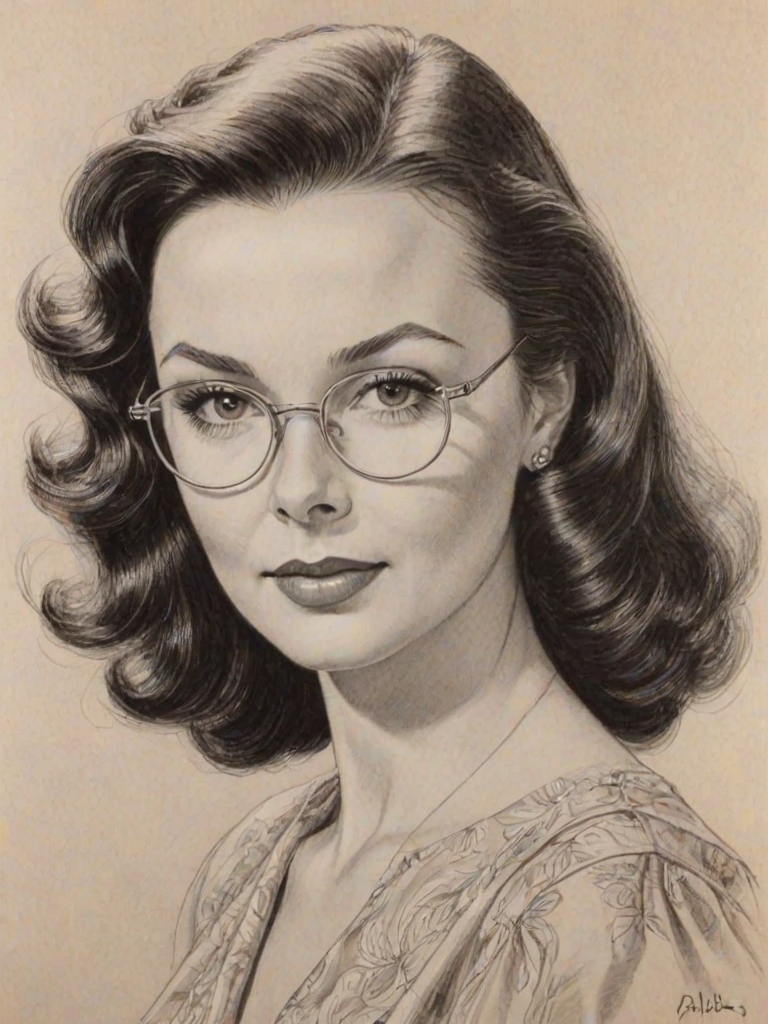 Ravishing Vivien Leigh, pencil sketch, portrait of Delightful woman 1973s in glasses, hair style beatnik, outline, clear lines, fine lines, 8k