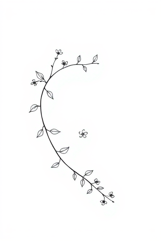 a minimalistic black line drawing of a delicate vine with leaves and small flowers on a white background