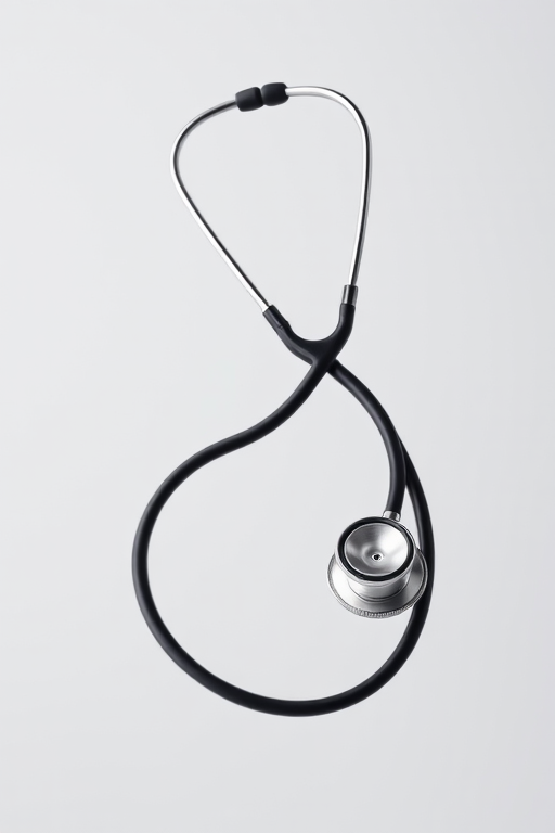 Create a high-resolution image of a stethoscope with a sleek design against a neutral background, shot with a DSLR camera at f/2.8 aperture, ISO 100, and a shutter speed of 1/125 sec, using a macro lens for detailed close-up capture.