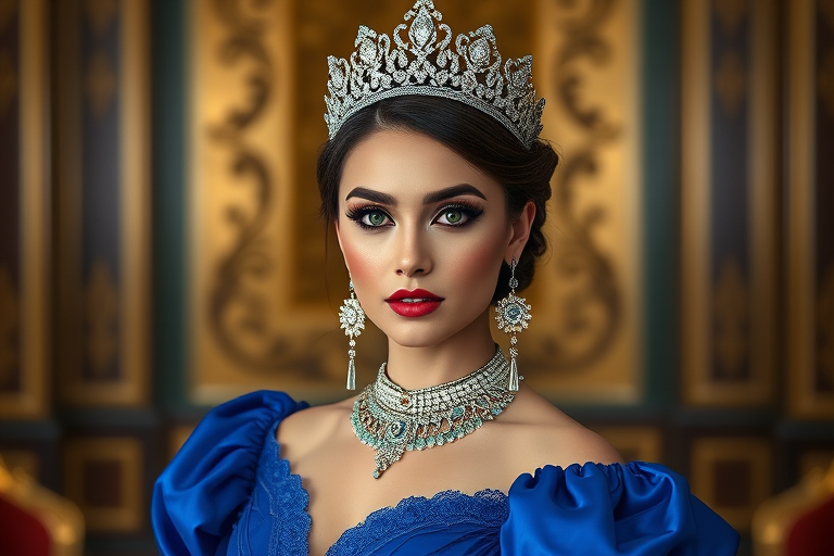A gorgeous Uyghur woman in a luxurious blue gown, accessorized with a dazzling tiara and statement earrings, her deep green eyes highlighted by impeccable makeup, poised in a royal setting, photorealistic, 8K quality