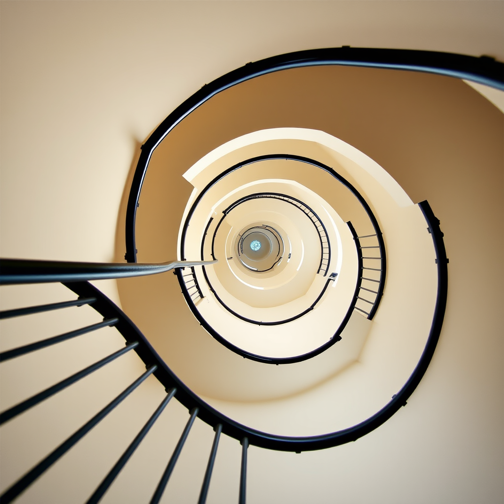 capture a spiral staircase from a low angle looking up, using a wide-angle lens with f/8 aperture, ISO 200, 1/125 sec shutter speed, natural daylight for bright and even lighting