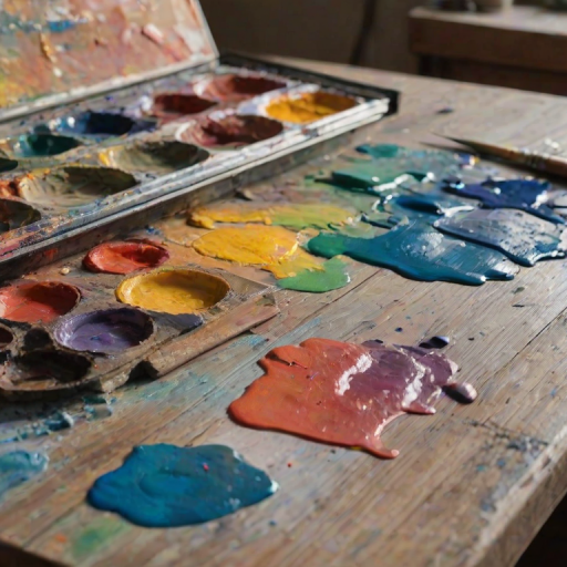Sharp, close-up photo of a painter's palette, vibrant colors smeared together, brushstrokes visible in the thick paint, sunlight glinting off the wet surface, soft shadows cast on the wooden table, an unfinished canvas visible in the background.