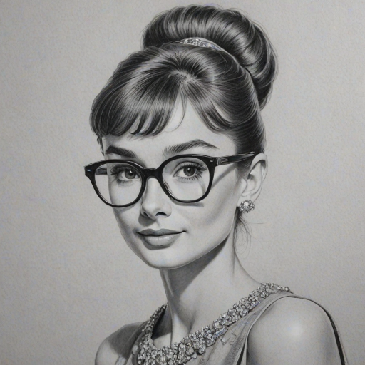 Stunning Audrey Hepburn, pencil sketch, portrait of Lovely woman 1922s in glasses, hair style beatnik, outline, clear lines, fine lines, 8k